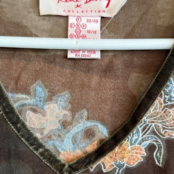 90s Y2K Rene Derhy Top Olive Green Floral Sequin Sheer Velvet Trim Hippie Boho - Picture 10 of 12